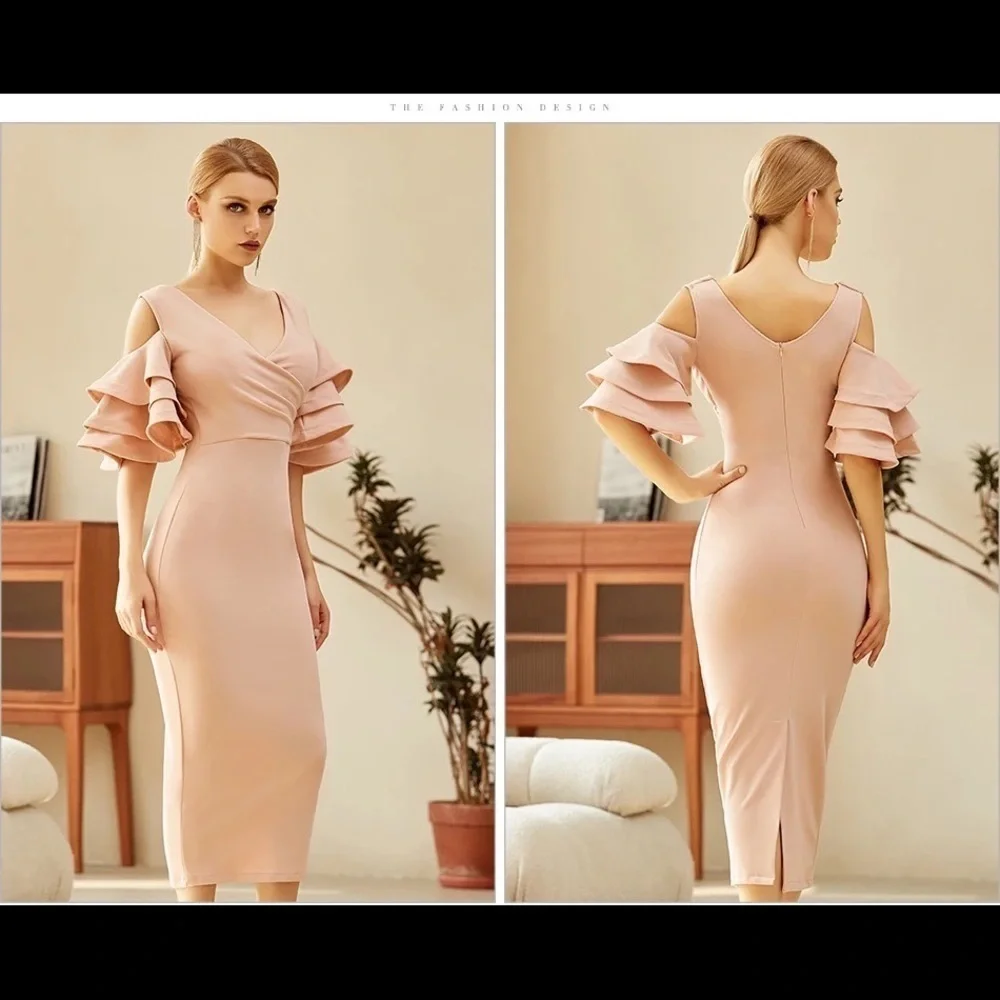 Bodycon Club Dress Sexy Deep V Neck Ruffles Butterfly Short Sleeve Midi size M